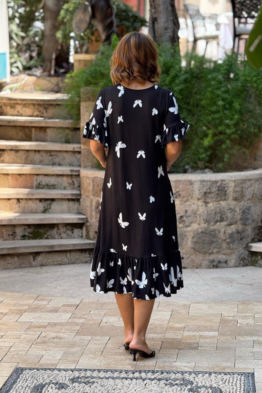 Siyah Kelenek Desenli Etekleri Fırfırlı Yazlık Pamuklu Penye Elbise