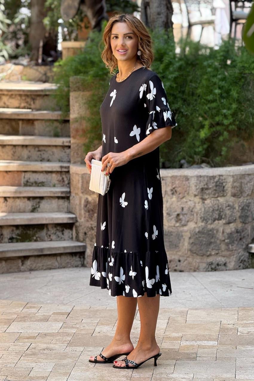 Siyah Kelenek Desenli Etekleri Fırfırlı Yazlık Pamuklu Penye Elbise