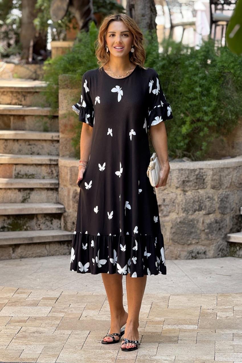 Siyah Kelenek Desenli Etekleri Fırfırlı Yazlık Pamuklu Penye Elbise