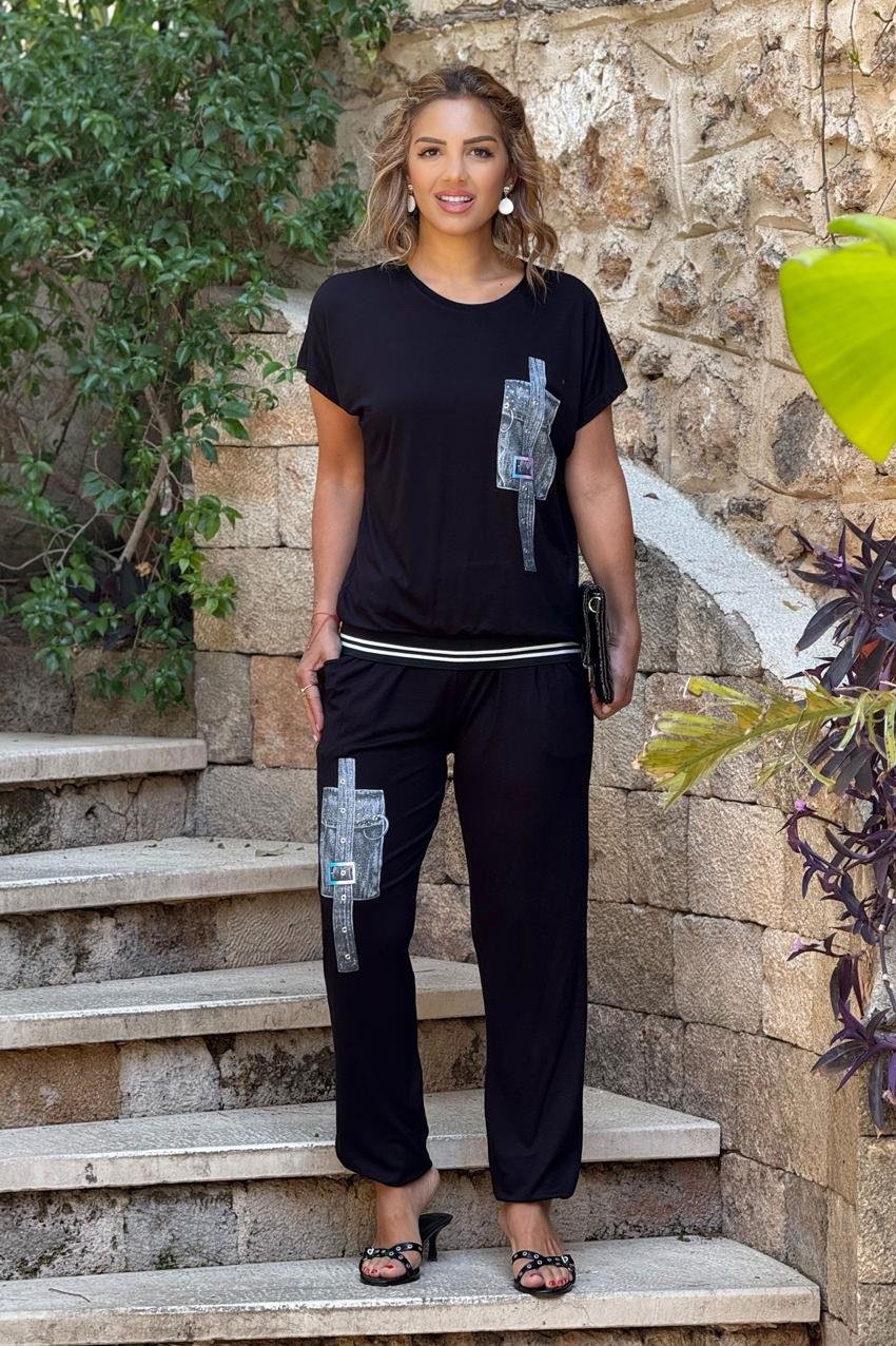 Siyah Kemer Detaylı Pamuklu Takım