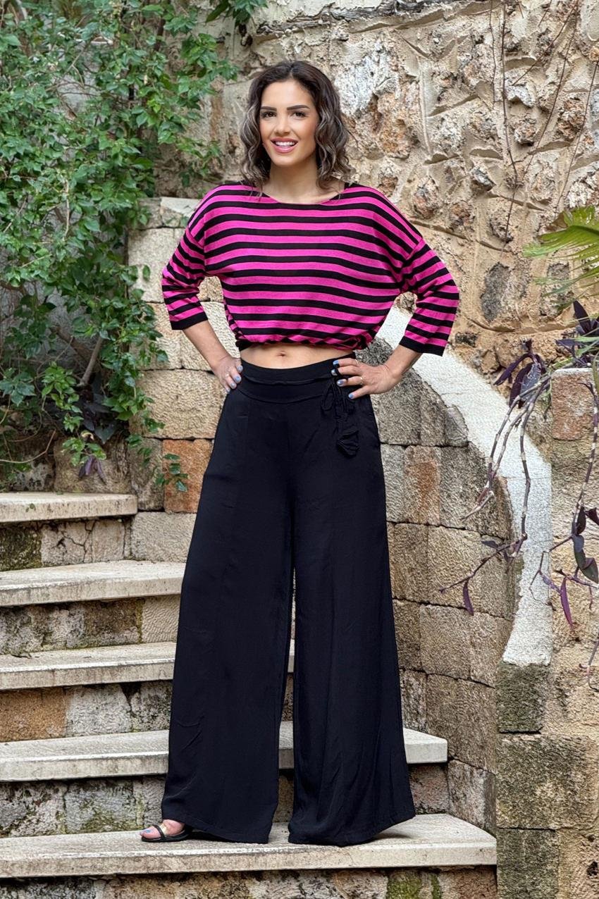 Siyah Kemerli %100 Pamuk Bohem Pantolon