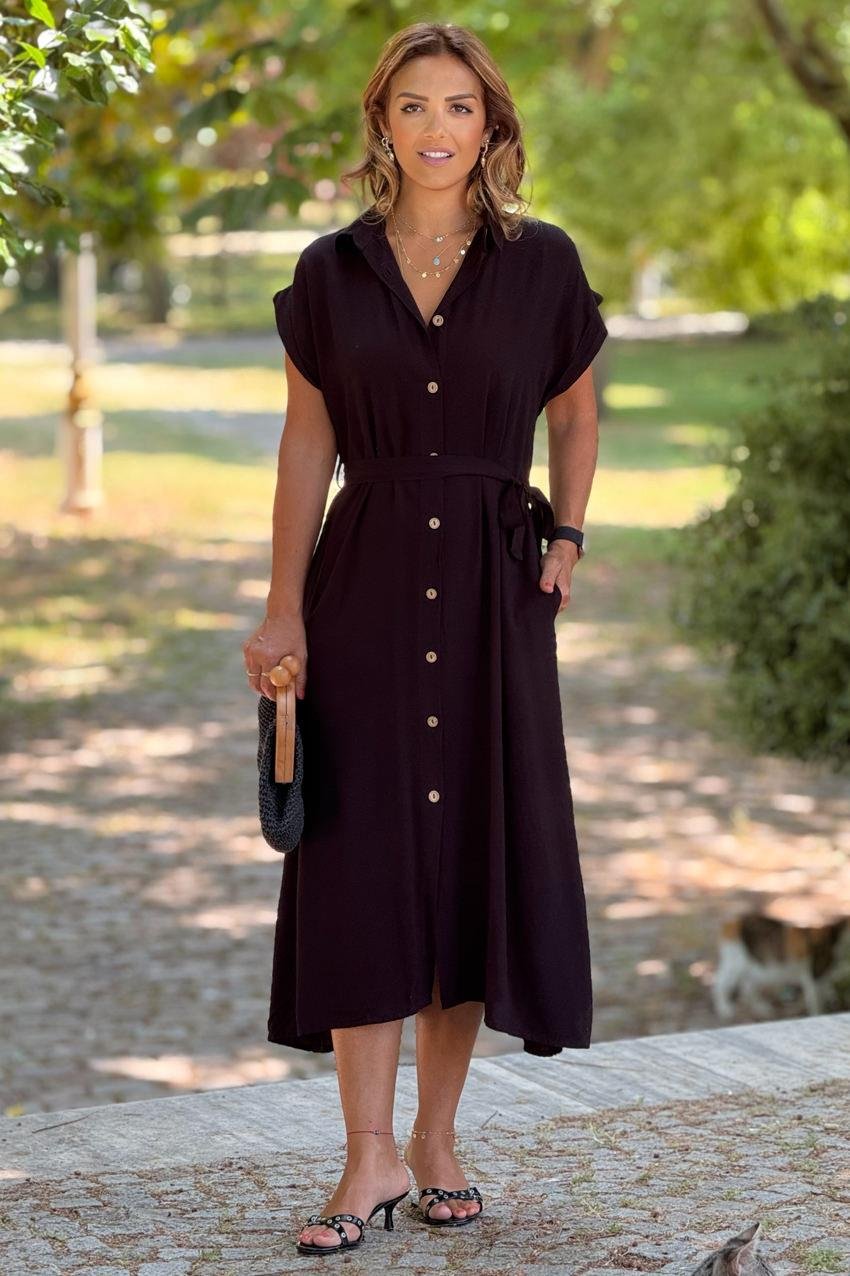 Siyah Kemerli Tahta Düğmeli Gömlek Elbise
