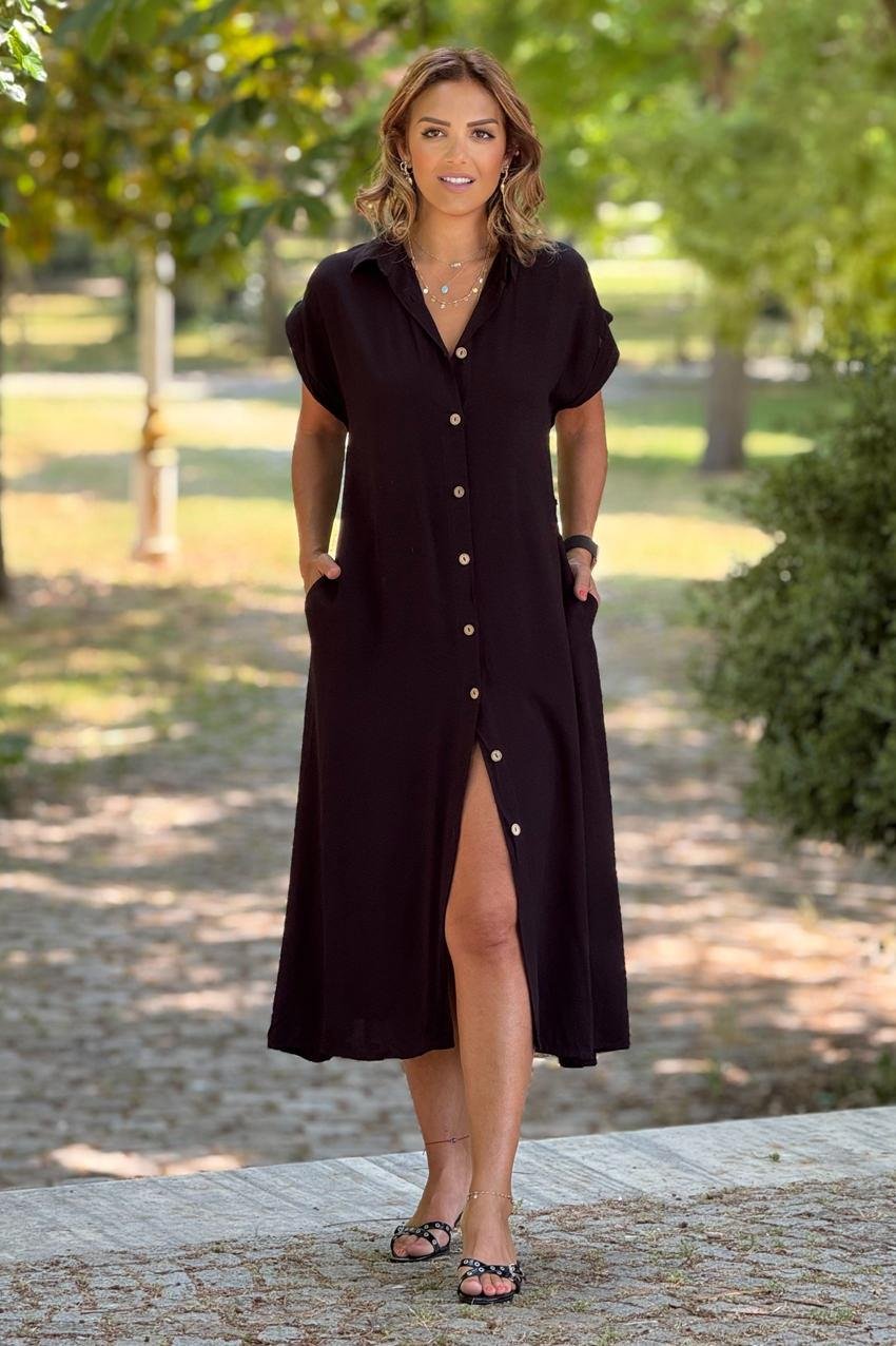 Siyah Kemerli Tahta Düğmeli Gömlek Elbise