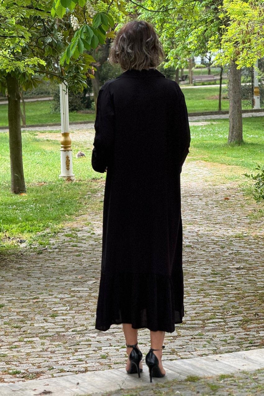 Siyah Kilim Nakışlı Gömlek Elbise