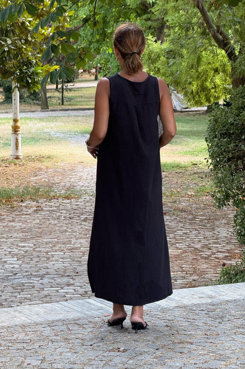 Siyah Kolsuz İtalyan Keten Elbise
