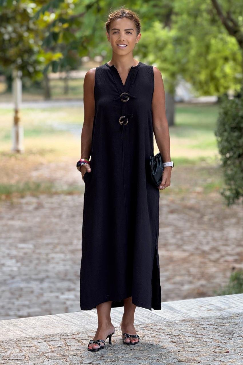 Siyah Kolsuz İtalyan Keten Elbise