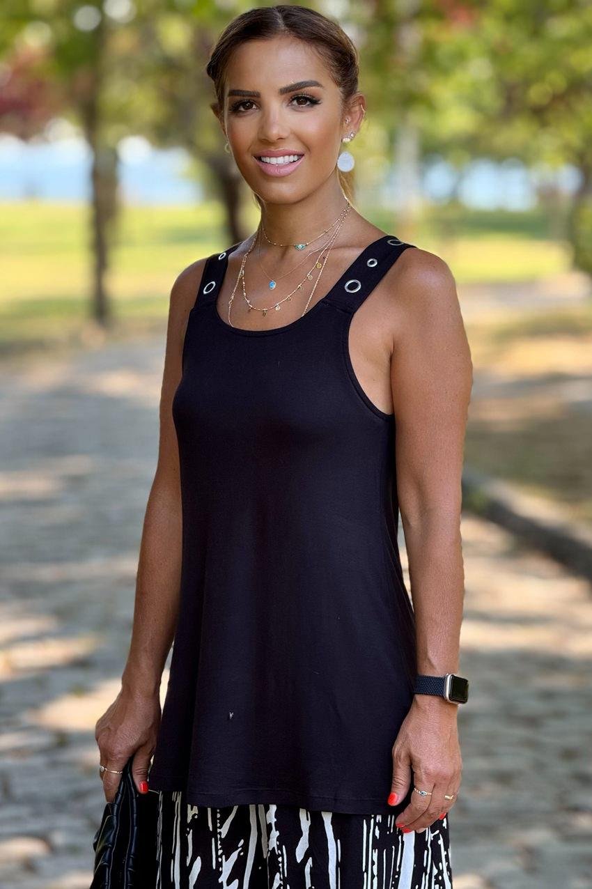 Siyah Kuşgözü Detaylı %100 Bambu Pamuk Bluz