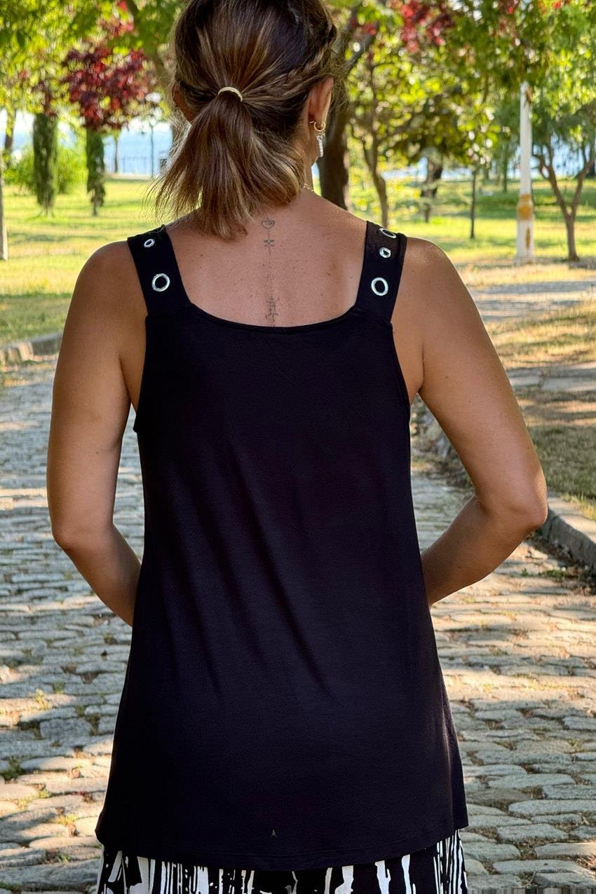 Siyah Kuşgözü Detaylı %100 Bambu Pamuk Bluz