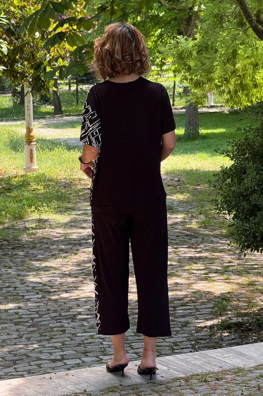 Siyah Labirent Desenli Pamuklu Kapri Takım