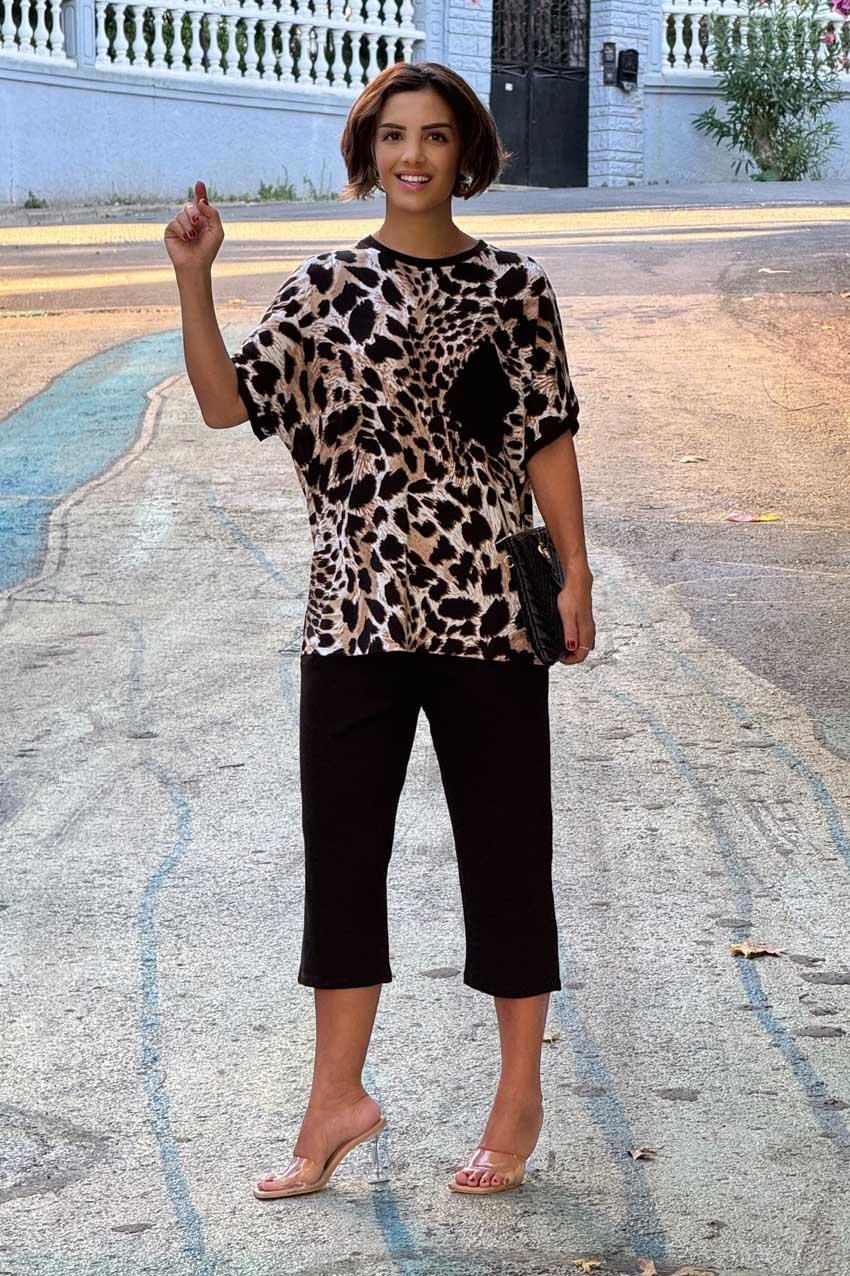 Siyah Leopar Desenli Pamuklu Kapri Takım