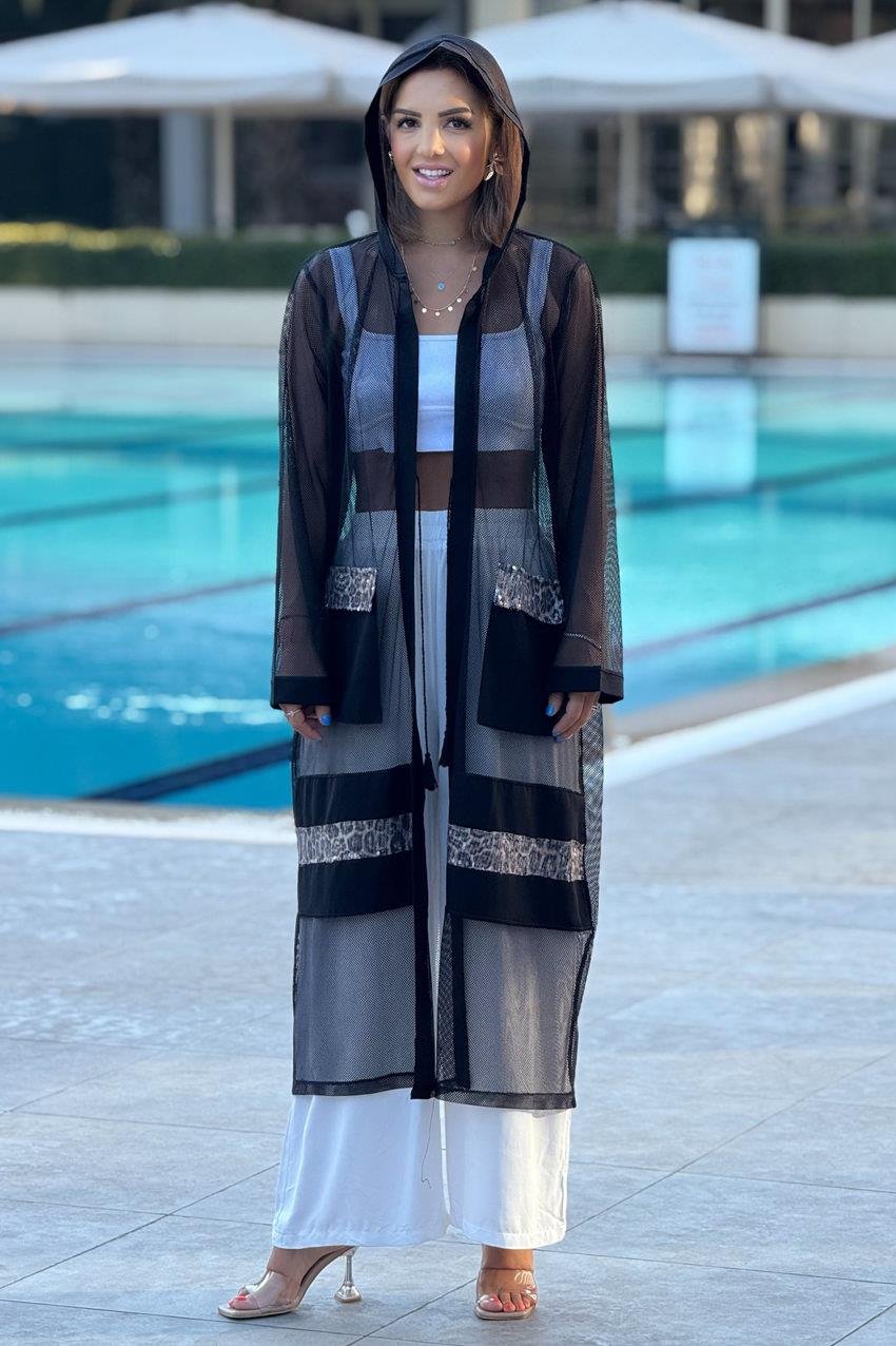Siyah Leopar Detaylı Tül Kimono - Pareo