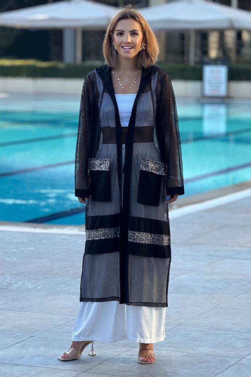 Siyah Leopar Detaylı Tül Kimono - Pareo