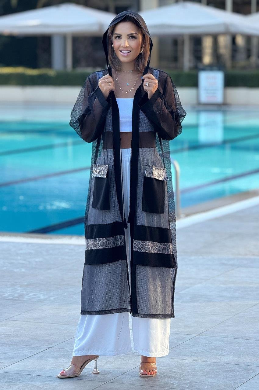 Siyah Leopar Detaylı Tül Kimono - Pareo