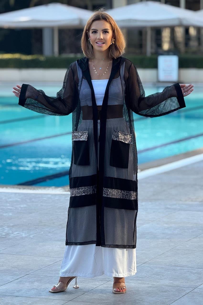 Siyah Leopar Detaylı Tül Kimono - Pareo