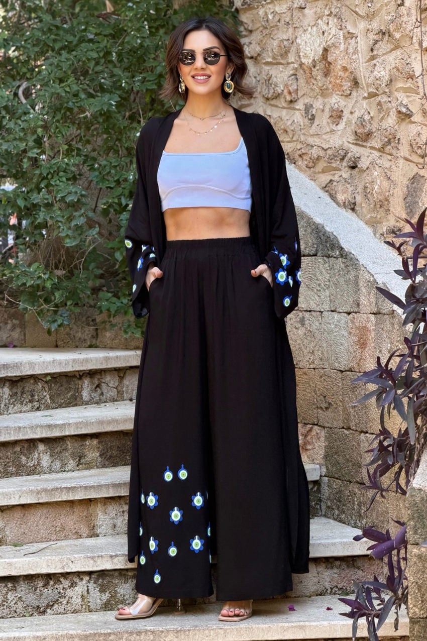 Siyah Mavi Boncuk Pantolon Kimono İkili Takım
