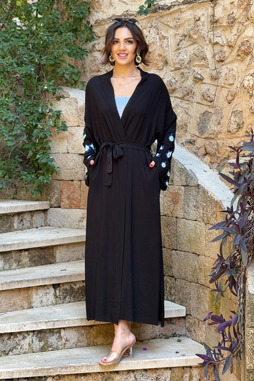 Siyah Mavi Boncuk Pantolon Kimono İkili Takım