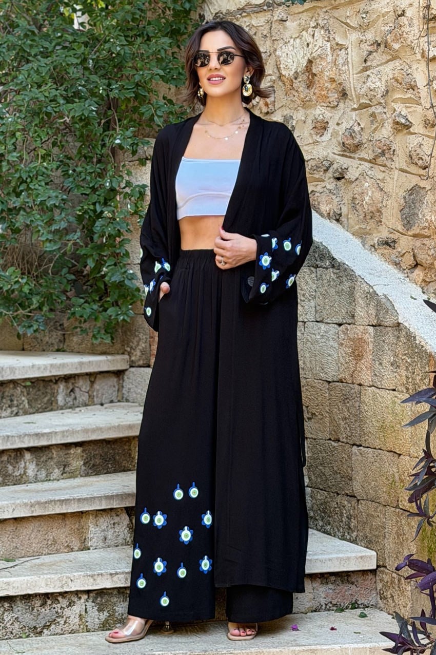 Siyah Mavi Boncuk Pantolon Kimono İkili Takım