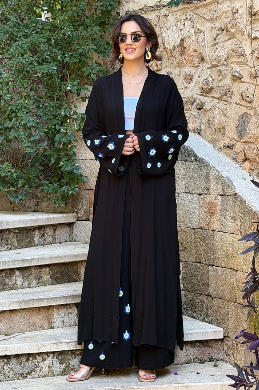 Siyah Mavi Boncuk Pantolon Kimono İkili Takım