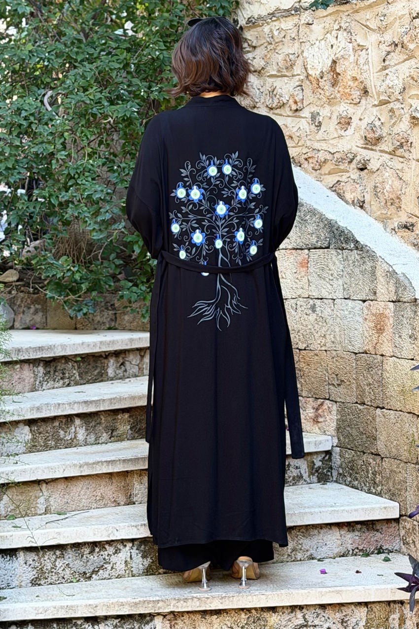 Siyah Mavi Boncuk Pantolon Kimono İkili Takım