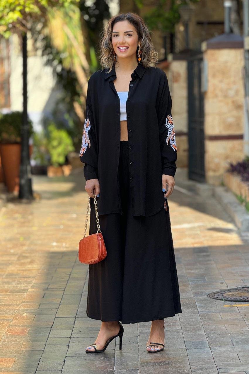 Siyah Mistik Nakışlı %100 Pamuk Takım