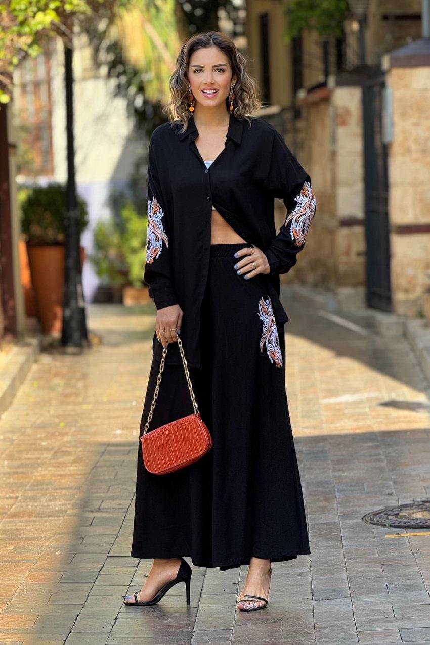 Siyah Mistik Nakışlı %100 Pamuk Takım