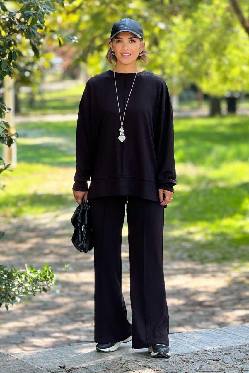 Siyah Modal Kumaş Pantolon Bluz Takım