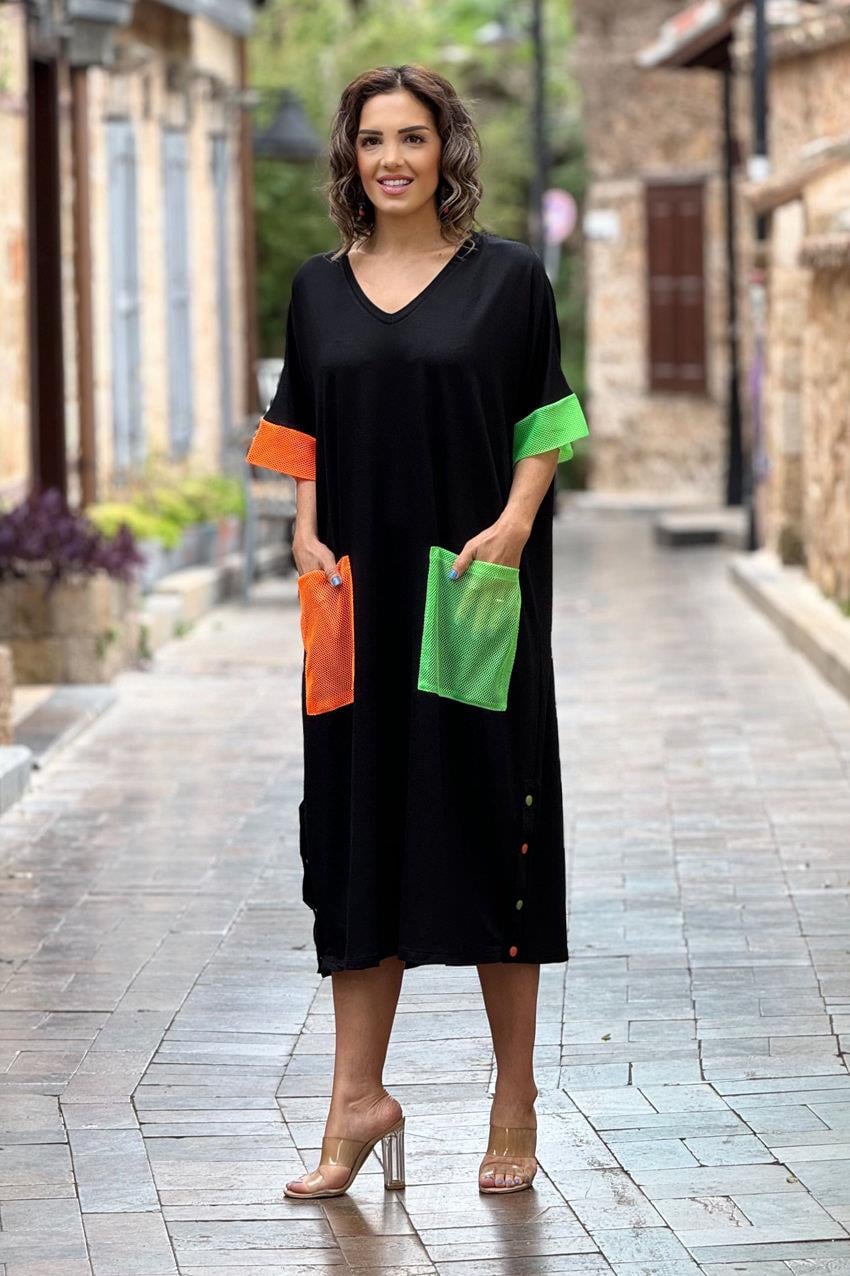 Siyah Neon Cepli Tasarım Elbise