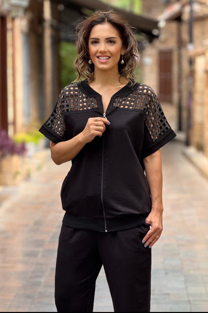 Siyah Omuz Dekolteli %100 Pamuk Eşofman Takım