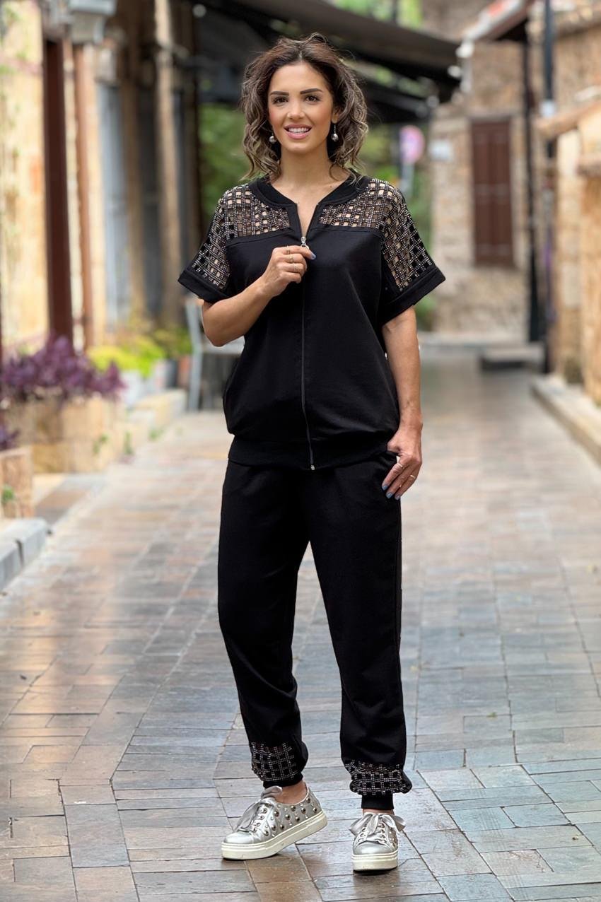 Siyah Omuz Dekolteli %100 Pamuk Eşofman Takım