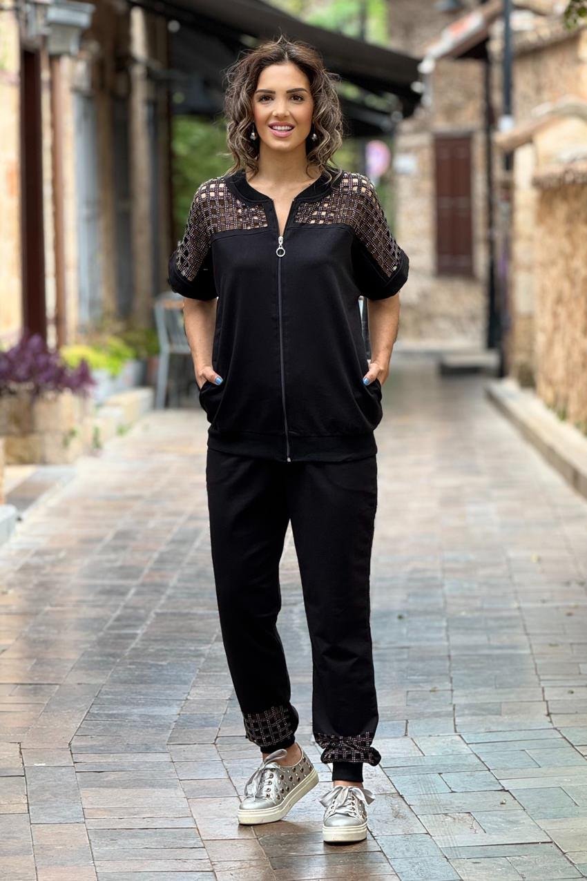 Siyah Omuz Dekolteli %100 Pamuk Eşofman Takım