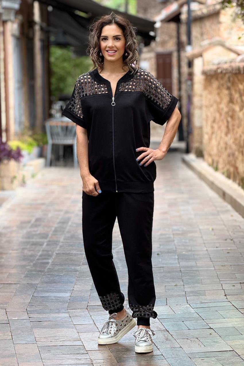 Siyah Omuz Dekolteli %100 Pamuk Eşofman Takım