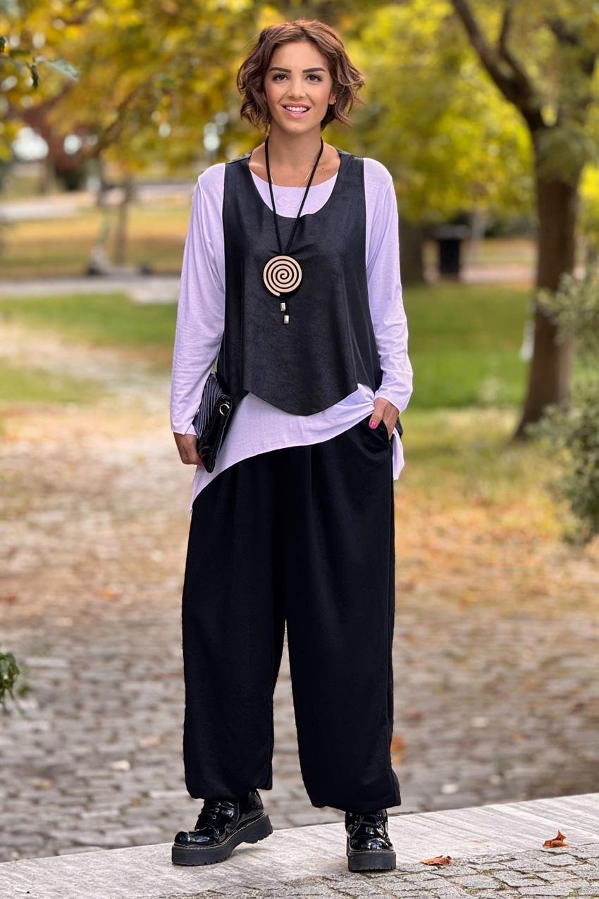 Siyah Organik Pamuklu Kışlık Şalvar Pantolon
