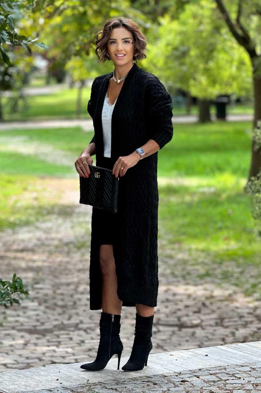 Siyah Örme Uzun Triko Hırka