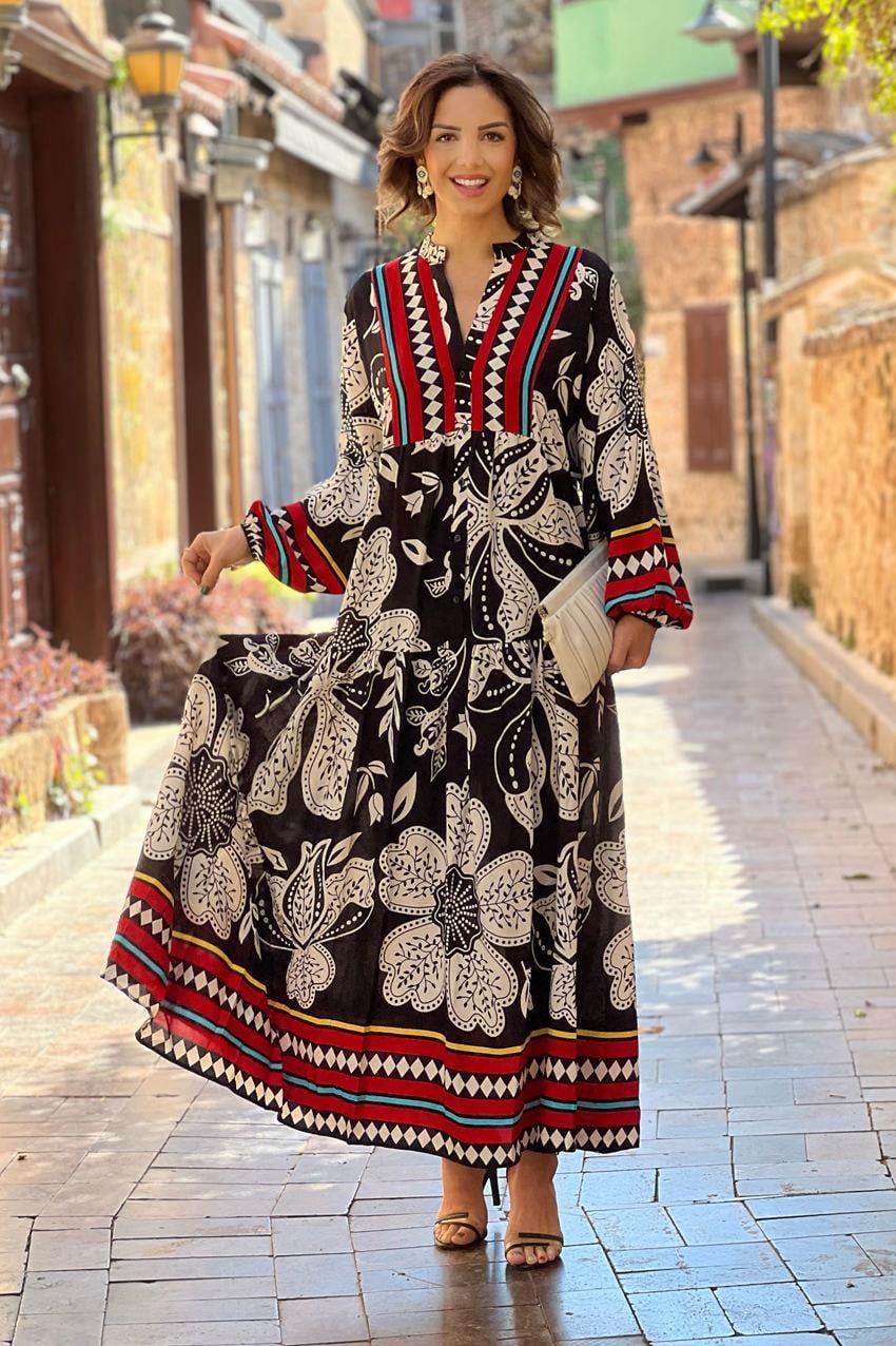 Siyah Palermo Desenli %100 Pamuk Uzun Elbise