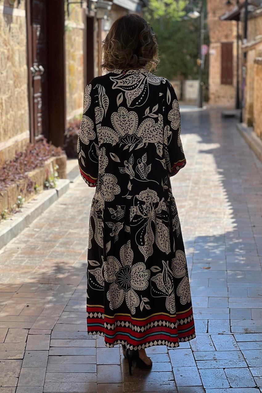 Siyah Palermo Desenli %100 Pamuk Uzun Elbise
