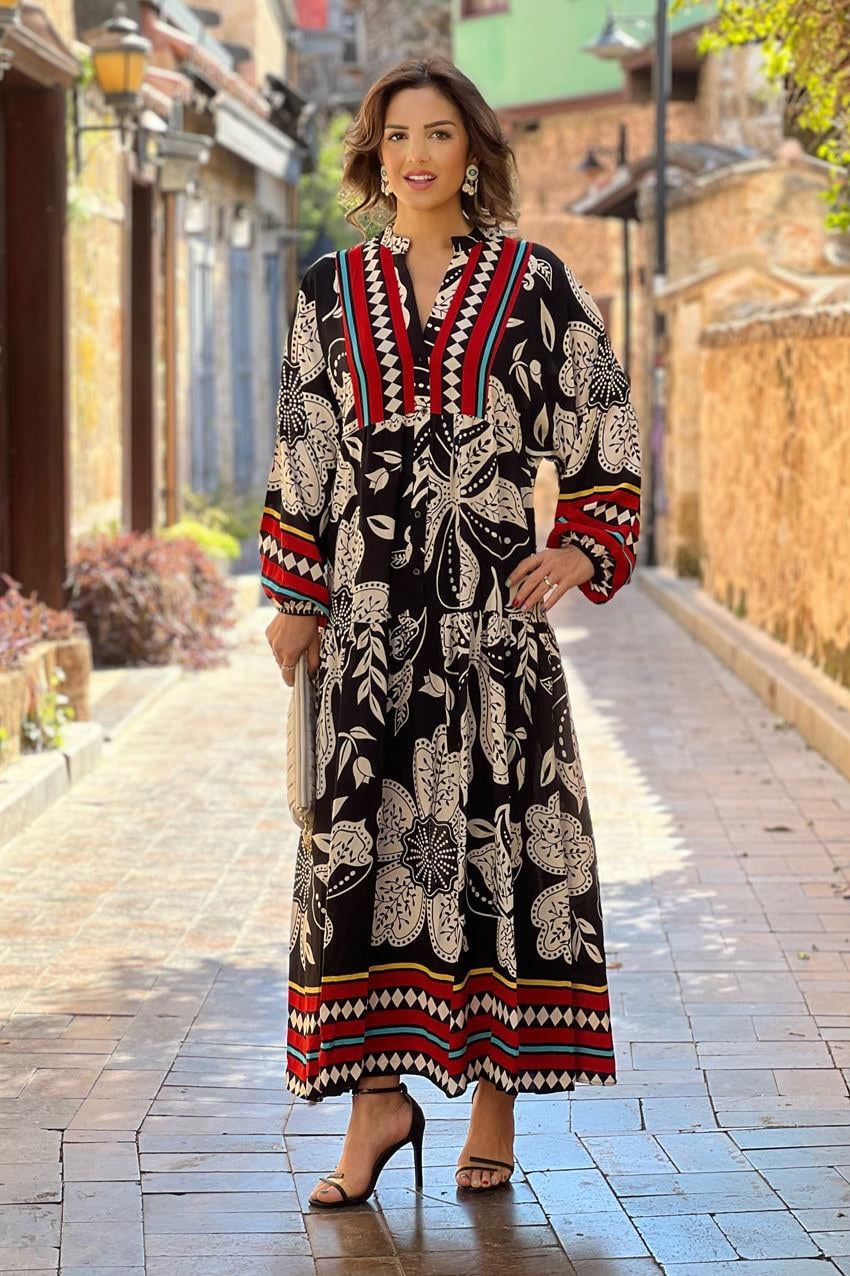 Siyah Palermo Desenli %100 Pamuk Uzun Elbise