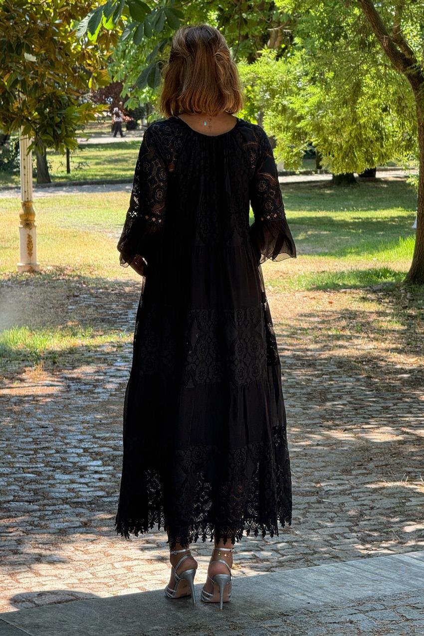 Siyah Payetli Dolce Notte Dantelli %100 Pamuk İtalyan Elbise