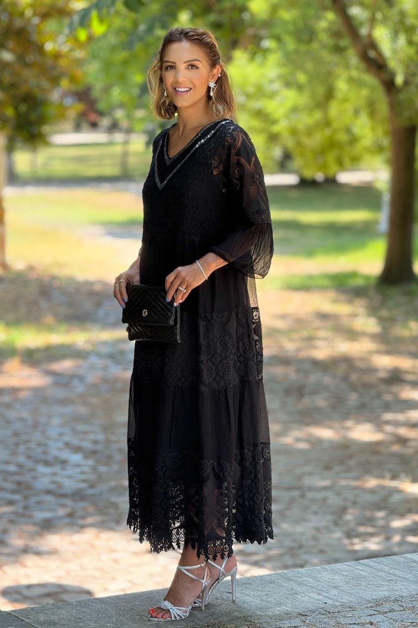 Siyah Payetli Dolce Notte Dantelli %100 Pamuk İtalyan Elbise