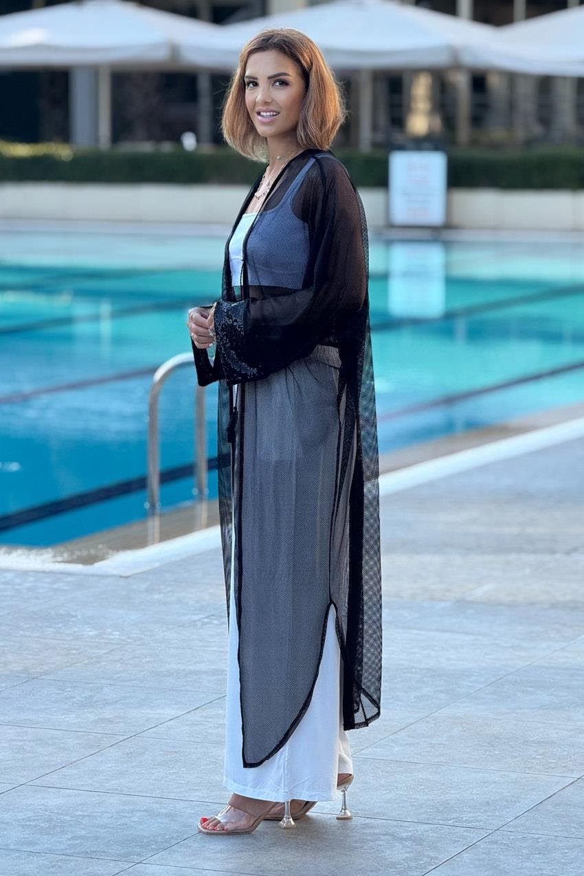 Siyah Pul Payet Detaylı Tül Kimono - Pareo