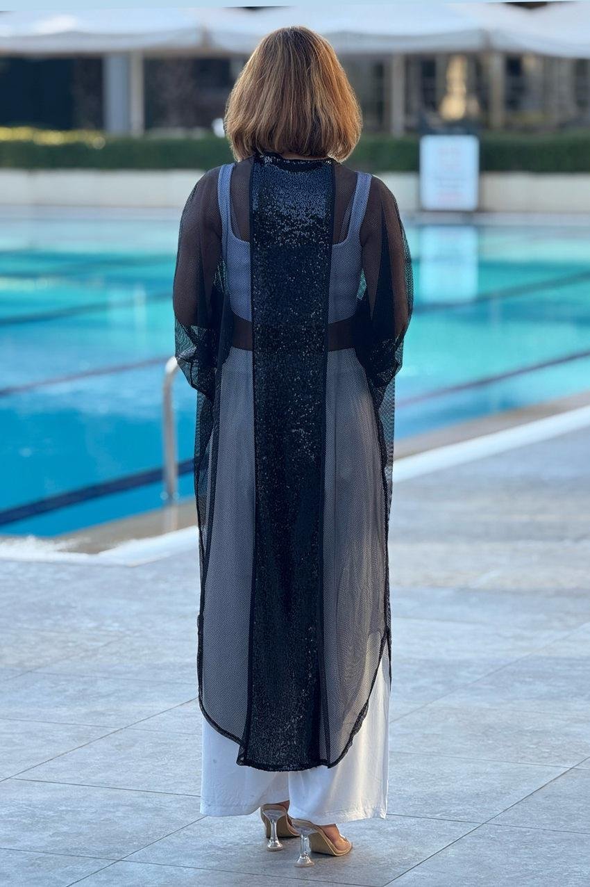 Siyah Pul Payet Detaylı Tül Kimono - Pareo