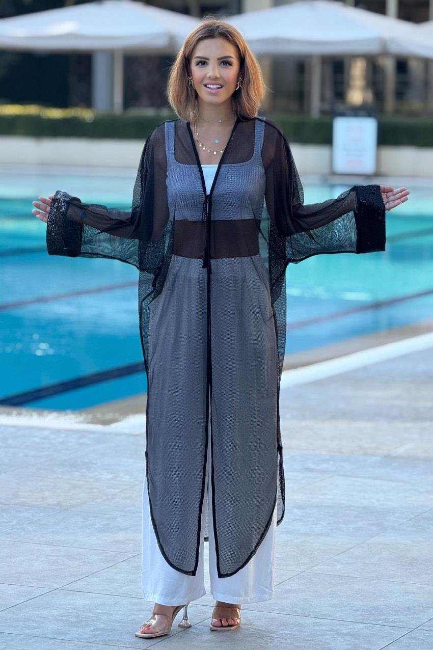 Siyah Pul Payet Detaylı Tül Kimono - Pareo