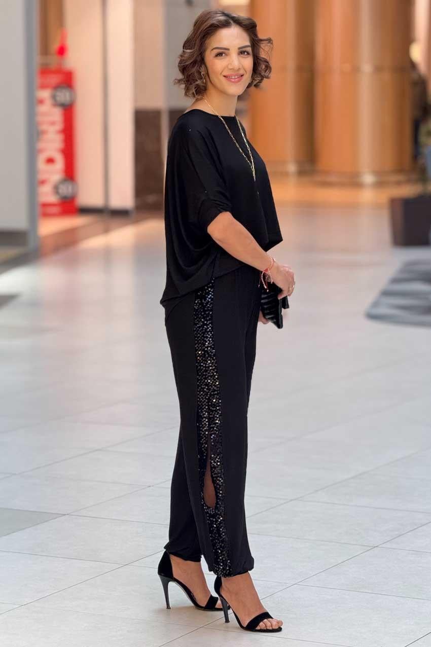 Siyah Pul Payet Detaylı Yırtmaçlı Pamuklu Şalvar