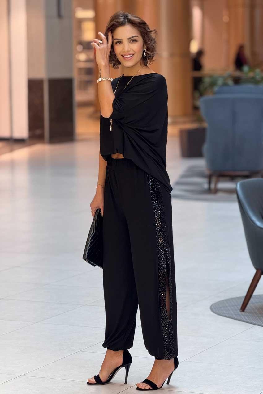 Siyah Pul Payet Detaylı Yırtmaçlı Pamuklu Şalvar