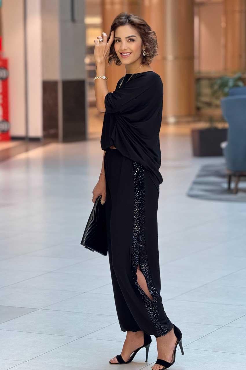 Siyah Pul Payet Detaylı Yırtmaçlı Pamuklu Şalvar