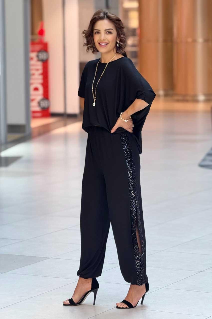 Siyah Pul Payet Detaylı Yırtmaçlı Pamuklu Şalvar