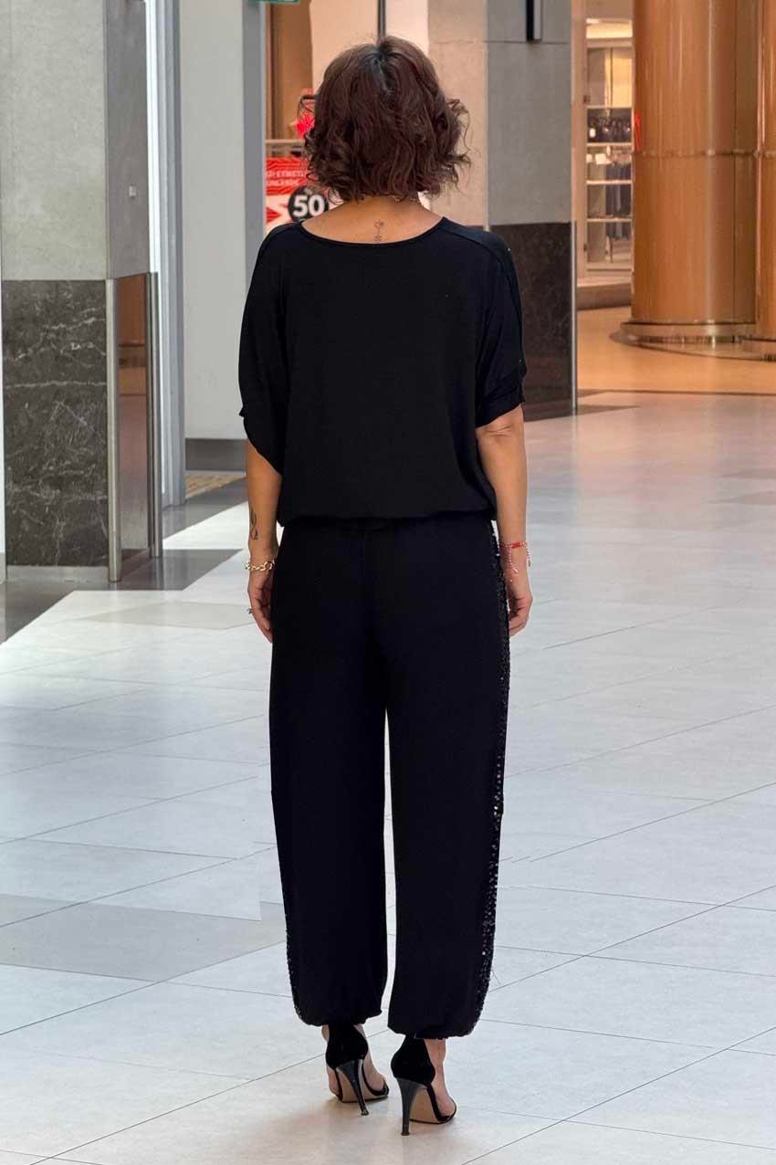 Siyah Pul Payet Detaylı Yırtmaçlı Pamuklu Şalvar