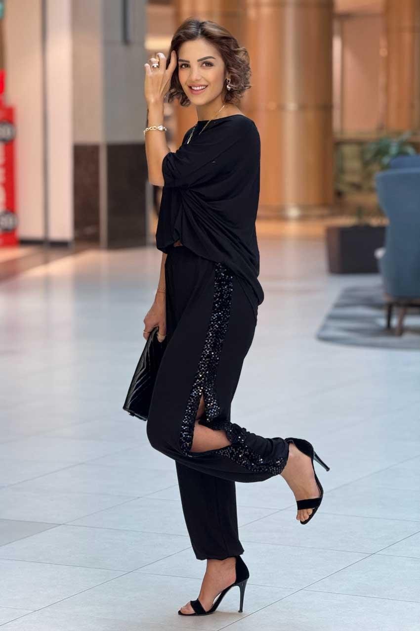 Siyah Pul Payet Detaylı Yırtmaçlı Pamuklu Şalvar