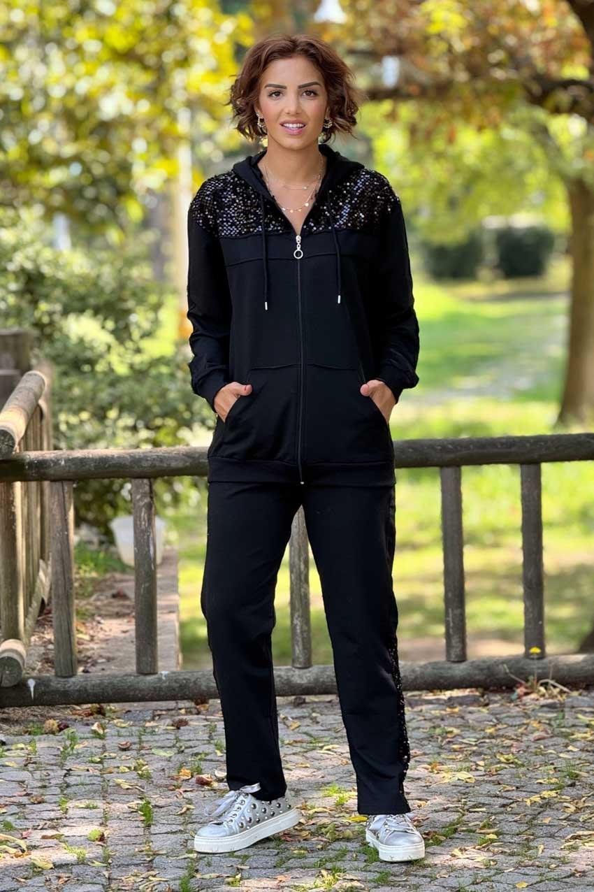 Siyah Pul Payetli %100 Pamuk Eşofman Takımı