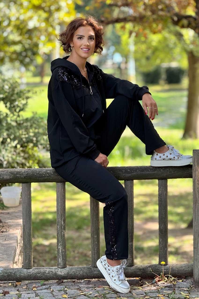 Siyah Pul Payetli %100 Pamuk Eşofman Takımı