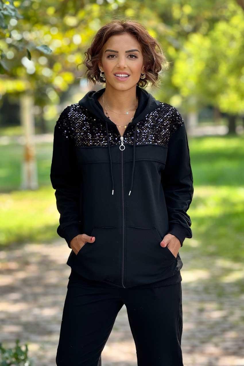 Siyah Pul Payetli %100 Pamuk Eşofman Takımı